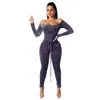 Women Velvet Jumpsuit Tracksuit Set Long Sleeve Bodysuit Tops Long Pants 2 Piece Outfits Club-wear Romper