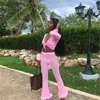 Pink Feather Chiffon See Though Mesh Long Sleeve +wide Pant Womens 2 piece Set Tracksuit Outfits