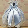 Light Blue Capped Sleeves Flower Girls' Dresses Satin Vintage Lace Appliue Big Bow Little Girl Kids First Communion Pageant Dress