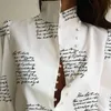 Office Lady Stand Neck Bluzka Bluzka Koszula Kobiety List Druku Puff Długi rękaw Bluzki Elegancki Przycisk Przycisk Blusa Topy