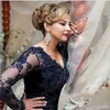 Navy Blue Beading Mother of Bride Dresses Long Sleeves V Neck Illusion Lace Applique Plus Size Sweep Train Formal Evening Gown
