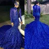 2019 Sexy Azul Royal Sereia Vestidos de Noite de Alta Pescoço Rosa Flores Mangas Compridas Lace Apliques Frisado Plus Size Vestido de Baile Vestidos de Festa Vestidos