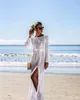 Adogirl sommar knit Fishnet Beach Cover Up Dress Kvinnor Sexig Hollow Out Se genom Långärmad Hög Slit Lång Kvinnor Klänning Robe