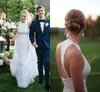Simple Sheath Satin Wedding Dresses Jewel Neck Country Garden Style Backless Strap Bride Dresses Custom Made Chiffon Overskirt Bridal Gowns