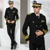 Herrenanzüge Blazer Hochwertige Frühlings-Kreuzschiff-Arbeitskleidung Mens Captain Navy Uniform Langarm Solid Black Herrenanzüge Hut Jacke Hosen Zubehör-Sets