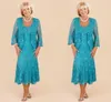 Mother Off Bride Dresses V Neck Turquoise Full Lace Long Sleeves Tea Length Sheath Plus Size Mother Of The Bride Dress With Jacket