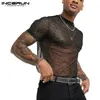 T-shirts Fashion Men Mesh T-shirt Kortärmad Slim Glänsande Transparent Party Nattklubb Sexig Tunn 2021 Andningsbar Camiseta Incerun1