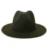 Nieuwe Outer Army Green Inner Red Patchwork Wool Blend Vintage Men Women Fedora Hats Trilby Floppy Jazz Belt Buckle Filt Sun Hat290p