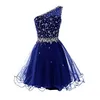 One Shoulder Homecoming Dress with Beads Crystal 2019 Tulle Knee Length Party Dresses New Short Prom Dress