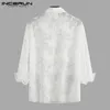 Mäns Casual T Shirts Fashion Men Mesh Tröja Långärmad Transparent Lapel 2021 Party Nightclub Camisa Sexig Loose Blouse Streetwear Innerun