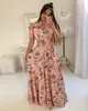 Summer Boho Floral Print Lång klänning Kort ärm Tunika Maxi Dress Women Fashion Evening Party Dress