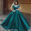 Dark Teal Off Shoulder Aftonklänningar Platser Satin Golvlängd Djup V-Neck Ball Gown Prom Klänning Formell Kvällar ED1317