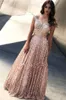 Gül Altın Kapalı Omuz Sequins Line Uzun Gelinlik Modelleri 2019 Yeni Boncuklu Taşlar Kat Uzunluk Örgün Parti Törenlerinde Giymek