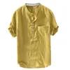 Camisas casuais casuais Camisas Camisas Camisa de Verão Home Botão de Cor Pura Botão de Linho Sólido Manga Curta Retro Tops Blusa Roupas Camisa Masculina