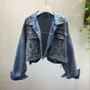 2018 Automne Femmes Harajuku Rouge Denim Veste Manteau Lourde Main Perlé Rivet Court Noir Jeans Vestes Étudiants Manteaux De Base Tenue