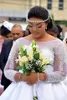 Tallas grandes Crystal Major Beading Vestidos de novia Manga larga Escote redondo Africano Nigeriano Nupcial Vestido de fiesta Satén Cola Vestidos De Novia AL6235