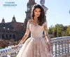 Eleagnt Champagne с длинными рукавами кружевные платья Applected A-Line Sheer Neck Beach Bohemian Plus Wedding Sward Dress Bridal Howns 0430