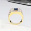 Mens por atacado de Luxo ANEL Pedra Azul CZ Diamante homens anéis de ouro Presente de Casamento Jóias para Homens com caixa de Varejo