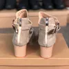 2.020 Mulheres de couro Heel Sandal Chunky com Crystal Moda Partido das senhoras sexy casamento sapatos de couro macio Sole confortável com Box