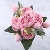 30cm Rose Pink Silk Peony Artificial Flowers Bouquet 5 Groot Hoofd en 4 Bud Fake Flowers voor Home Bruiloft Decoratie Indoor Holding Flowers