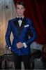 Blue Satin Groom Tuxedos Double-Breasted Men Wedding Tuxedos Peak Lapel Jacket Blazer Moda Mężczyźni Kolacja / Darty Garnitur (Kurtka + Spodnie + Krawat) 1282