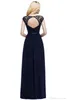 Nya mössa ärmar Navy Blue Chiffon Long Bridesmaid Dresses spetsen RUCHED HOLLOGY BACK LÄNGDVÄGGE Gäst Maid of Honor Prom Gowns