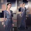 Ziad 2019 Nakad Prom klänningar Sexig Deep V Neck Front Split Lace Pärled Sequin Manthölje Evening Dress Anpassade speciella OCN -klänningar