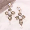 Wholesale-flower pearl cross dangle earrings for women luxury designer baroque pearls dangling earring engagement wedding party jewelry gift