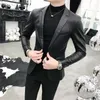 韓国のスーツコートソリッドブラックスリムフィットブレザーHombre PUレザージャケットメン1ボタンビジネスカジュアルプロムブレザー