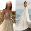 2020 Baklösa Tulle Bröllopsklänningar Spaghetti Straps Appliqued Beach Bröllopsklänningar Med Pärlor Bröllop Klänning Vestido de Novia
