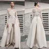 Elegant Beach Wedding Dresses Jumpsuits With Detachable Skirt Satin Sweep Train Sweetheart Country Bridal Gowns With Jacket Long Sleeve