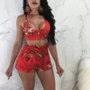 Floral Print Two Piece Set Suits Women 2018 Summer Sexy Bow Back Strap Crop Top and Ruched Shorts Party Club Women 2 Outfits