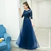 Bleu marine Plus Sizes Jewel A-line Floor-length 1/2 Length Sleeve Tulle Robe de soirée formelle Applique Robes de mère