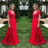 Czerwona koronka Przegląda Sukienki Prom 2019 Deep V Neck Szyfonowa Linia Suknie Wieczorowa Długość Piętro Zipper Back Formal Party Dress Tanie