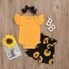 3pcs Baby Girls Vêtements Ensembles d'été Rouffon Ruffles Romper + Shorts de tournesol / jupe de sangle + bandeau 3pcs Baby Girl Outfits 0-2y