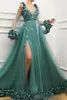 Green Vintage Prom Dresses Sexy Plunging V Neck Side Slit Long Poet Sleeves Illusion D Appliqued Sweep Train Formal Evening Gown