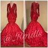 Árabe vermelho escuro Lantejoulas Lace Vestidos Wear profunda V Neck mangas compridas Mermaid lantejoulas 3D Floral Flores Pavimento Length Prom Formal Vestidos