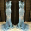 2018 Moda Appliqued Frisada Sereia Vestidos de Noite com Trem Destacável Barato Sheer Neck Elie Saab Árabe Prom Formal Vestidos