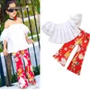 kids designer clothes girls summer outfit ins girl's cute pink top with a belt + white floral flared trousers