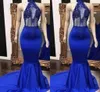 Boncuklar ışıldamaya Saten Mermaid Abiye Giyim AYDINLATMA Backless Kokteyl Parti Elbise sayesinde Kraliyet Mavi Halter Seksi Gelinlik Modelleri bakın