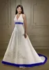 2020 Ny elfenben och Royal Blue Satin A Line Wedding Dresses Halter Neck Open Back Soe Up Court Custom Made Embroidery Wedding Brid346C