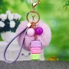 Fur Ball Key Ring Chain Macaron Keychain Smycken Effiel Tower Pärlor Keyring Holder Fashion Resin Kvinnor Väska Hänge Charm Tillbehör för bil