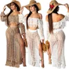 Tassels Two Piece Casual Dresses Knit Sets Women Long Sleeve 2 Piece Crop Top and Skirt Set Summer Crochet Dress Beach Wear