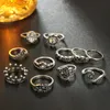 Zilveren vintage gesneden opengewerkte palm hartvormige opaal kroonblad joint ring 16 stuk set dames