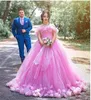 Nieuwe Roze Quinceanera Jurken Off Schouder Baljurk Handgemaakte Bloemen Zoete 16 Sweep Trein Plus Size Party Dress Prom Evening Jassen