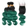 # 1B / Green Dark Root Ombre Malaysian Virign Hair Bundles con cierre Body Wave Green Ombre Cabello humano teje con pieza de cierre de encaje 4x4