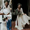 Piece Two Boho Beach Dresses Long Sleeves V Neck Tulle Lace Floor Length A Line Custom Made Wedding Gown Vestido De Novia Estido 0418