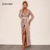 Joyfunear Sexy Club Wear Party Womens Pink Gold Knot Deep V Neck Twist Front High Slit Långärmad Sequin Maxi Dress J190530