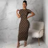 2024 Designer Vestidos Verão Mulheres Manga Curta Bodycon Maxi Vestido 2X Moda Preto Branco Painel Impressão Saia Sexy Night Club Party Wear Roupas de Primavera