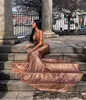 2023 Prom Dresses Sexy Bling Rose Gold Sequined Mermaid Spaghetti Sleeveless Backless Sweep Train Formal Party Dress Pageant Evening Gowns